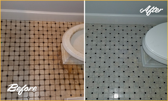 Before and After Picture of a Short Pump Bathroom Floor Cleaned to Remove Embedded Dirt