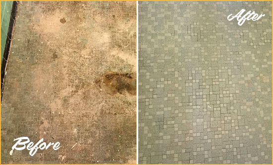 Before and After Picture of a Chesterfield Mosaic Shower Cleaned to Eliminate Embedded Dirt