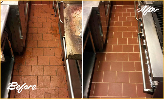Before and After Picture of a Dull Innsbrook Restaurant Kitchen Floor Cleaned to Remove Grease Build-Up