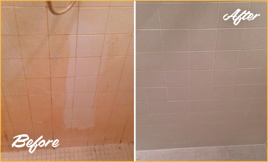 Before and After Picture of a Petersburg Porcelaine Shower Cleaned to Remove Soap Scum