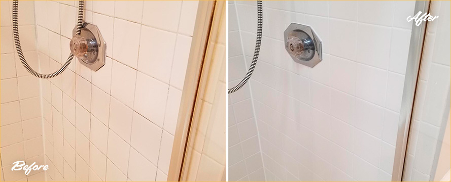 Shower Before and After a Remarkable Grout Cleaning in Richmond, VA