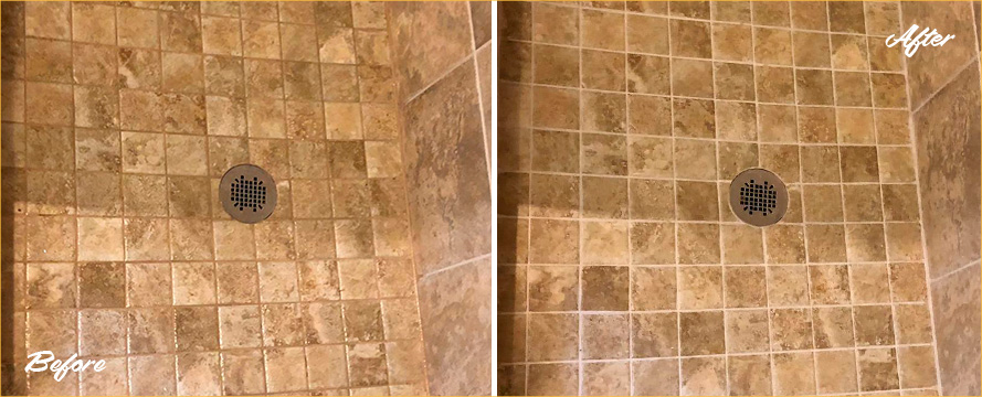 Shower Floor Before and After a Grout Sealing in Henrico, VA