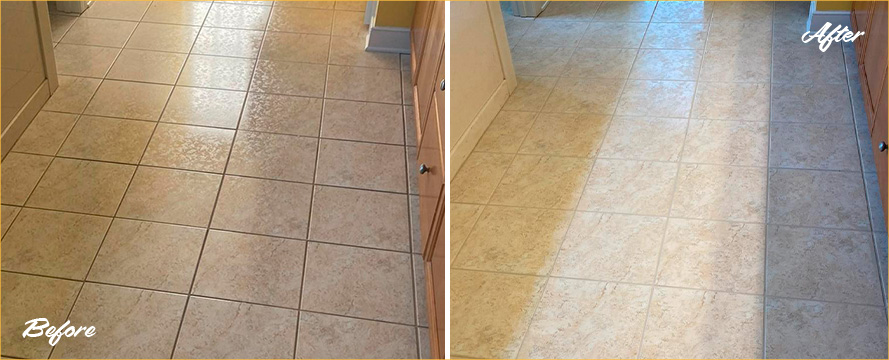 Bathroom Floor Before and After a Remarkable Grout Cleaning in Peterburg, VA