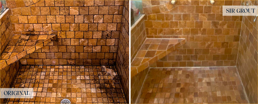 Shower Before and After a Flawless Stone Cleaning in Richmond, VA